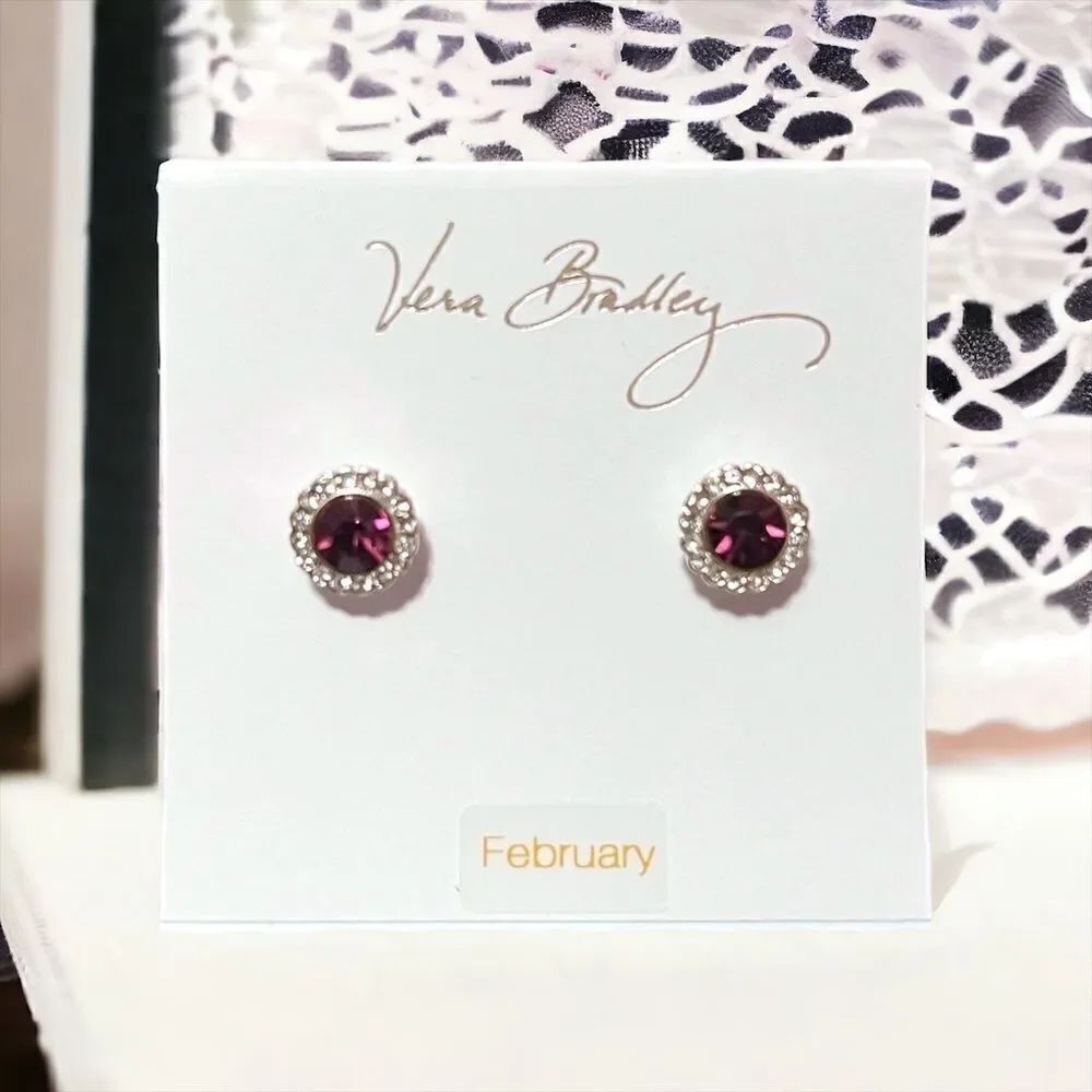 Vera Bradley February Amethyst And White Cubic Zirconia Stud Earrings NWT